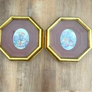 Vtg 2 Hand Painted Porcelain Oval Limoge Cameos Pink Velvet Gold Wood Frames